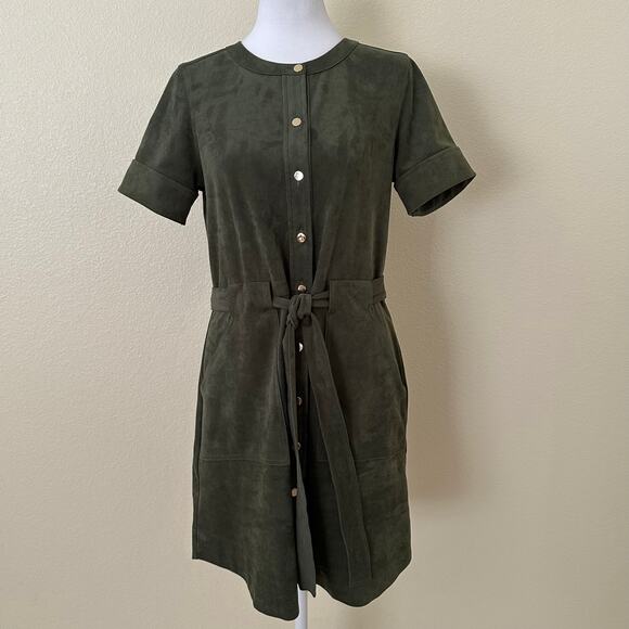 Banana Republic Women Button Front Tie Waist Suede Dress Green Size 6 Petite - Picture 1 of 7